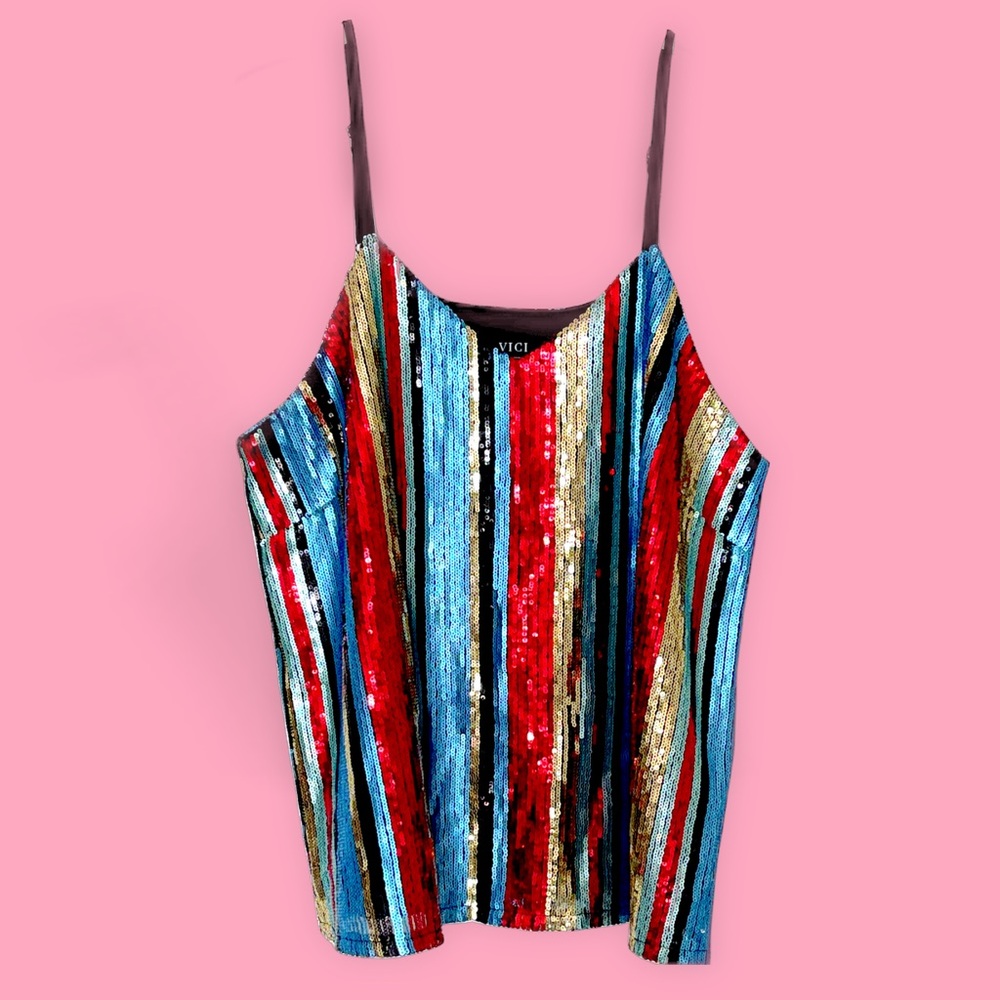 VICI Sequin Blue Red Gold Striped Tank Top | 70s vibe